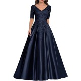 Formal Long Lace Applique Evening Gown Short Sleeve Mother of the Bride Dress（Processing time need 3-6 days）