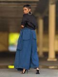 Pockets Elastic Waist Wide-Leg Denim Pants