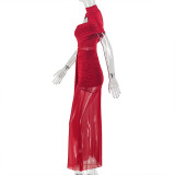 Women's Solid Color Asymmetrical Stretch Lace-Up Cutout Bodycon Long Dress