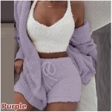 Women Winter Casual Pajama Shorts 3-Piece Set