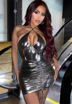 Sexy Halter Neck Sleeveless Lace-Up Reflective Mini Dress