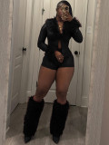 Women Elegant Furry Shiny Stretchy Top and Shorts Two-Piece Set