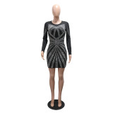 Fashion Round Neck Beaded Long Sleeve Slim Fit Party Dress