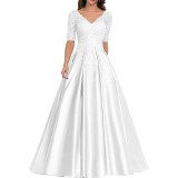 Formal Long Lace Applique Evening Gown Short Sleeve Mother of the Bride Dress（Processing time need 3-6 days）