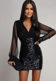 Women's Deep V Sexy Mesh Patchwork Sequin Party Bodycon Midi Dress