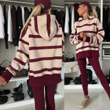 Women Autumn/Winter Casual Solid Striped Print Hoodies and Pant Two-Piece Set