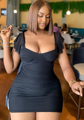 Women's Short Sleeve Ruched Patchwork Solid Strapless Bodycon Mini Dress