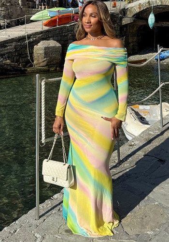 Casual Off-Shoulder Bodycon Printed Colorblock Maxi Dress