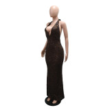Women's Sexy Low Back Deep V Lace-Up Sequin Sleeveless Evening Dress