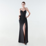 Deep V Slim Waist High-Slit Sequin Embroidered Elegant Evening Gown