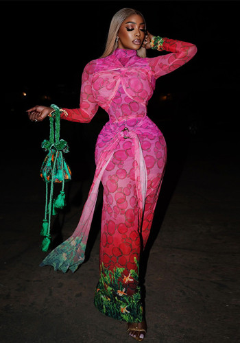 Slim Waist Chic Printed Colorblock High Neck Lace-Up Career Bodycon Dress