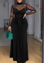 Women's Solid High Neck Mesh Patchwork Evening Dress Women's Solid High Neck Mesh Patchwork Evening Dress