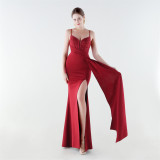 Deep V Slim Waist High-Slit Sequin Embroidered Elegant Evening Gown