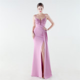 Deep V Slim Waist High-Slit Sequin Embroidered Elegant Evening Gown