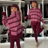 Women Autumn/Winter Casual Solid Striped Print Hoodies and Pant Two-Piece Set