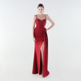 Deep V Slim Waist High-Slit Sequin Embroidered Elegant Evening Gown