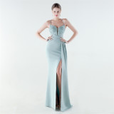 Deep V Slim Waist High-Slit Sequin Embroidered Elegant Evening Gown