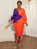 Plus Size Women Color Block Patchwork Square Neck Puff Long Sleeve Formal Party Bodycon Dress