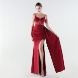 Satin & Mesh Slim Waist High-Slit Luxury Formal Party Gown