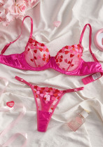 Mesh Heart Print Embroidered Sheer Push-Up Bra & Panty Set