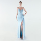 Deep V Slim Waist High-Slit Sequin Embroidered Elegant Evening Gown