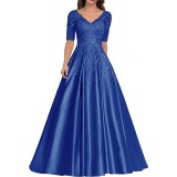 Formal Long Lace Applique Evening Gown Short Sleeve Mother of the Bride Dress（Processing time need 3-6 days）
