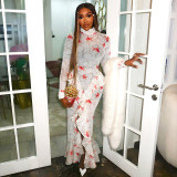 Women's Print Long Sleeve Ruched High Neck Ruffle Slit Long Dress