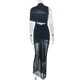 Women's Solid Color Asymmetrical Stretch Lace-Up Cutout Bodycon Long Dress