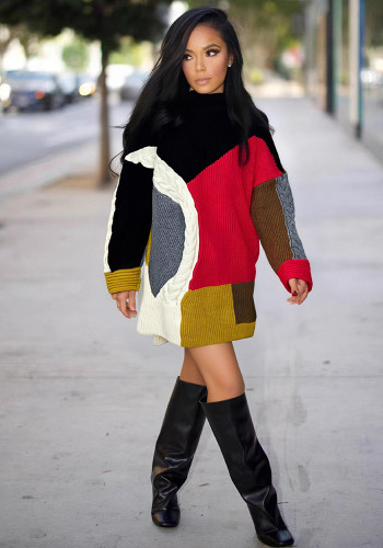 Oversized Colorblock Round Neck Long Sleeve Knitting Oversized Sweater