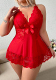 Sexy See-Through Mesh Deep V Lace Trim Strap Nightdress with Bow