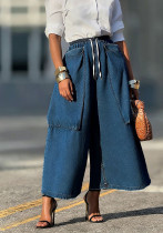 Pockets Elastic Waist Wide-Leg Denim Pants