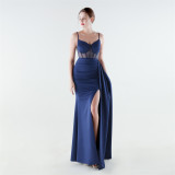 Satin & Mesh Slim Waist High-Slit Luxury Formal Party Gown