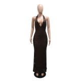 Women's Sexy Low Back Deep V Lace-Up Sequin Sleeveless Evening Dress