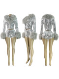 Women Elegant Furry Shiny Stretchy Top and Shorts Two-Piece Set