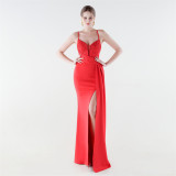 Deep V Slim Waist High-Slit Sequin Embroidered Elegant Evening Gown