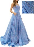 Long A-Line Ball Gown with Pockets High-Slit Shimmer Evening Dress（Processing time need 3-6 days）