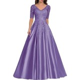 Formal Long Lace Applique Evening Gown Short Sleeve Mother of the Bride Dress（Processing time need 3-6 days）
