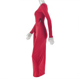 Lace-Up Slim Fit Ruched Round Neck Solid Color Long Sleeve Bodycon Dress