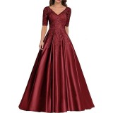Formal Long Lace Applique Evening Gown Short Sleeve Mother of the Bride Dress（Processing time need 3-6 days）