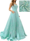 Long A-Line Ball Gown with Pockets High-Slit Shimmer Evening Dress（Processing time need 3-6 days）