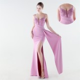 Deep V Slim Waist High-Slit Sequin Embroidered Elegant Evening Gown
