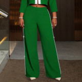 Plus Size Women Green Rhinestone-Studded Wide-Leg Pants