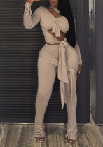 Autumn/Winter V-Neck Tight Crop Lace-Up Top & Pants Set