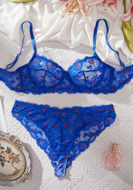 Heart Print Lace Sheer Lingerie Bra Set