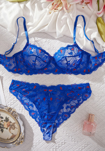 Heart Print Lace Sheer Lingerie Bra Set