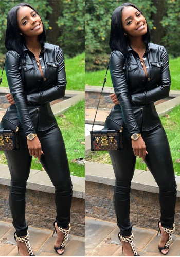 Women's Leather Jacket Pants Two-Piece Set
