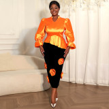 Plus Size Women Glossy Puff Sleeve Irregular Ruffle Top Floral Skirt Two-Piece Set