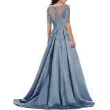 Formal Long Lace Applique Evening Gown Short Sleeve Mother of the Bride Dress（Processing time need 3-6 days）