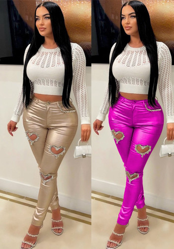 Shiny Hollow-Out Heart Rhinestone Reflective Sexy Long Pants