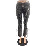 Casual High-Waist Lace-Up Stretch Denim Pants